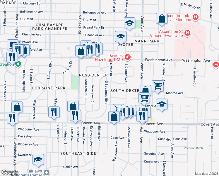 map of restaurants, bars, coffee shops, grocery stores, and more near 1231 South Villa Drive in Evansville