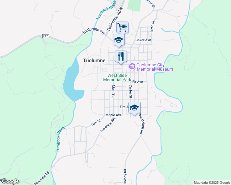 map of restaurants, bars, coffee shops, grocery stores, and more near 18541 Main Street in Tuolumne