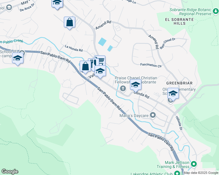 map of restaurants, bars, coffee shops, grocery stores, and more near 5506 Olinda Road in El Sobrante