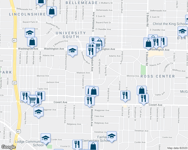 map of restaurants, bars, coffee shops, grocery stores, and more near 1254 South Weinbach Avenue in Evansville
