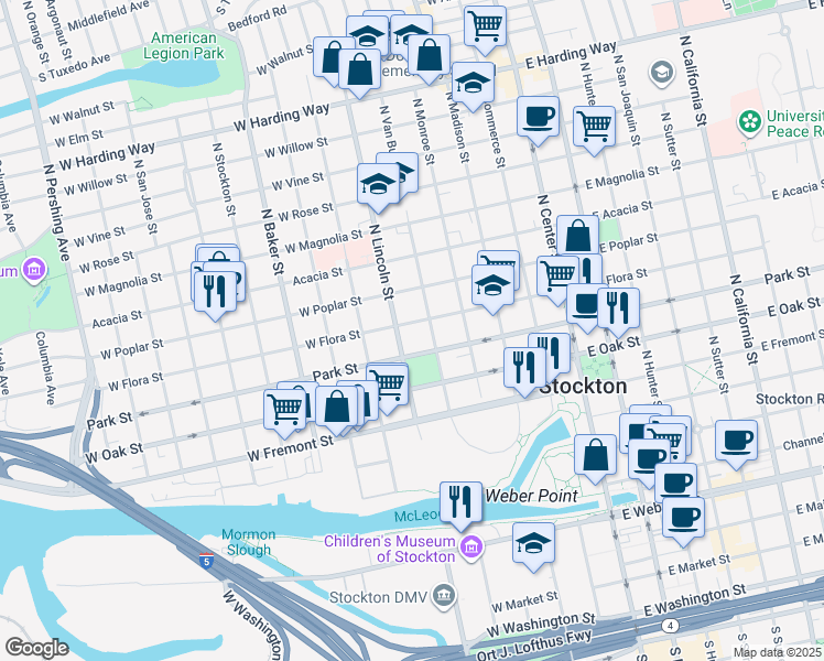 map of restaurants, bars, coffee shops, grocery stores, and more near 430 West Flora Street in Stockton