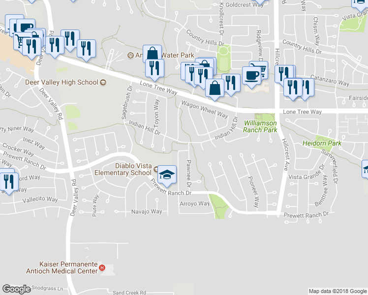 map of restaurants, bars, coffee shops, grocery stores, and more near 5104 Grass Valley Way in Antioch