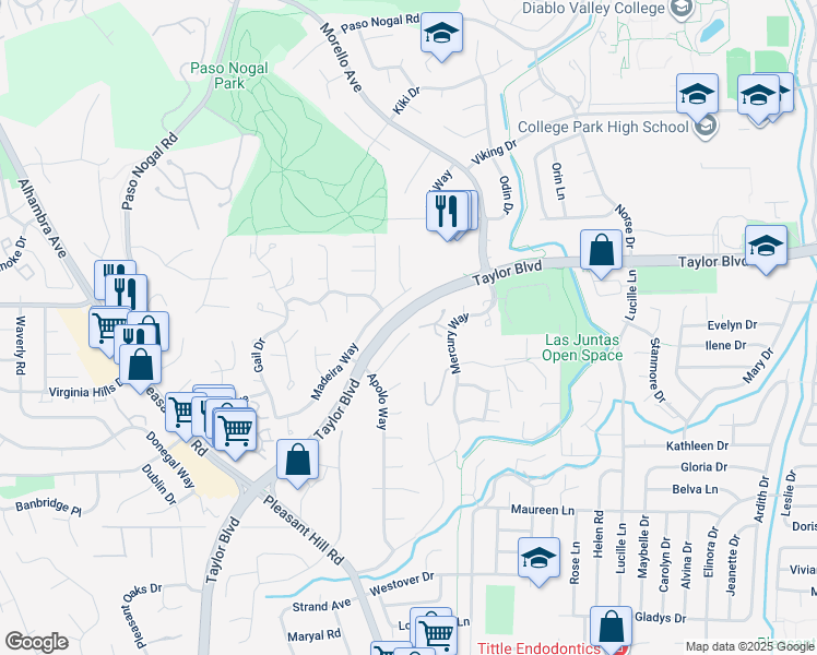 map of restaurants, bars, coffee shops, grocery stores, and more near 517 Wilbur Drive in Pleasant Hill