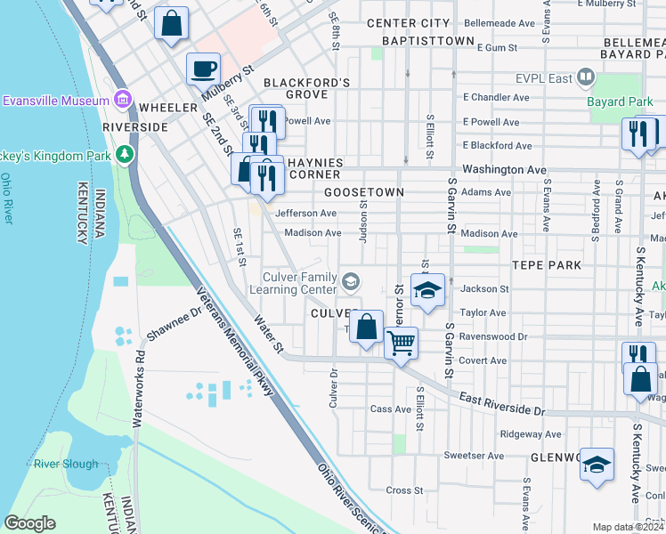 map of restaurants, bars, coffee shops, grocery stores, and more near 1309 Culver Drive in Evansville