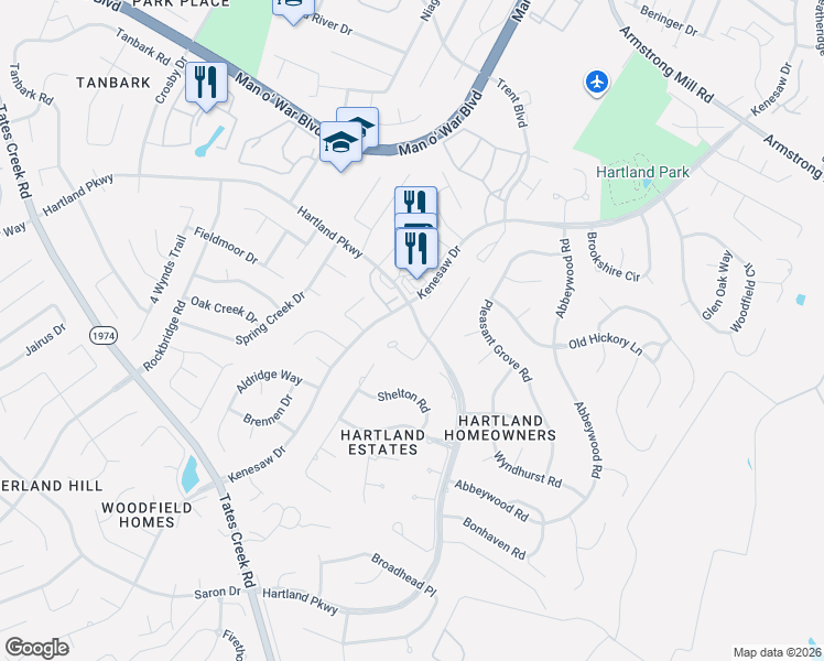 map of restaurants, bars, coffee shops, grocery stores, and more near 4833 Coral Creek Circle in Lexington