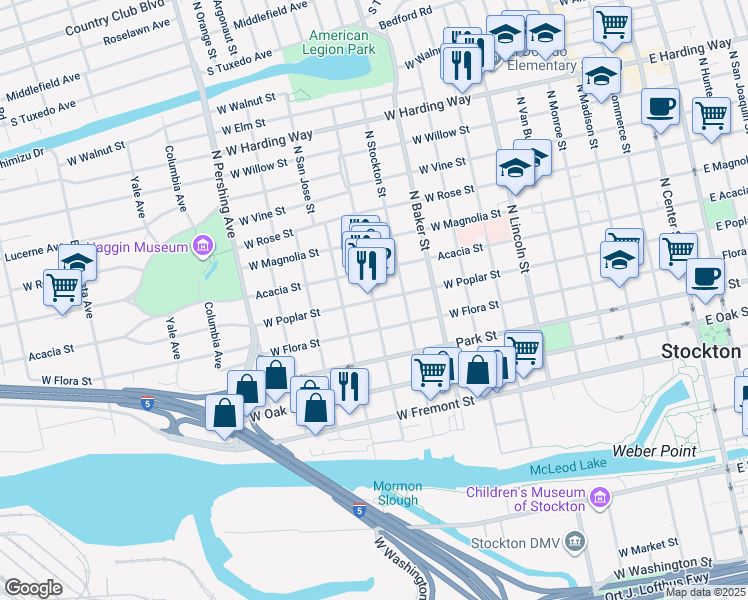 map of restaurants, bars, coffee shops, grocery stores, and more near 901 North Yosemite Street in Stockton