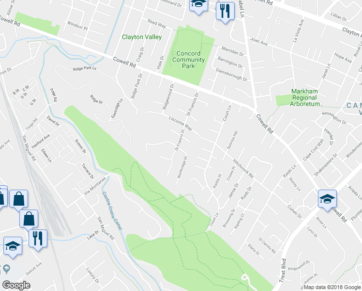 map of restaurants, bars, coffee shops, grocery stores, and more near 3703 Northridge Drive in Concord