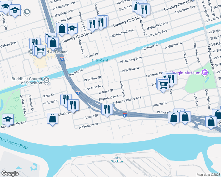 map of restaurants, bars, coffee shops, grocery stores, and more near 2175 West Rose Street in Stockton