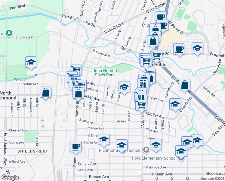 map of restaurants, bars, coffee shops, grocery stores, and more near 1877 18th Street in San Pablo