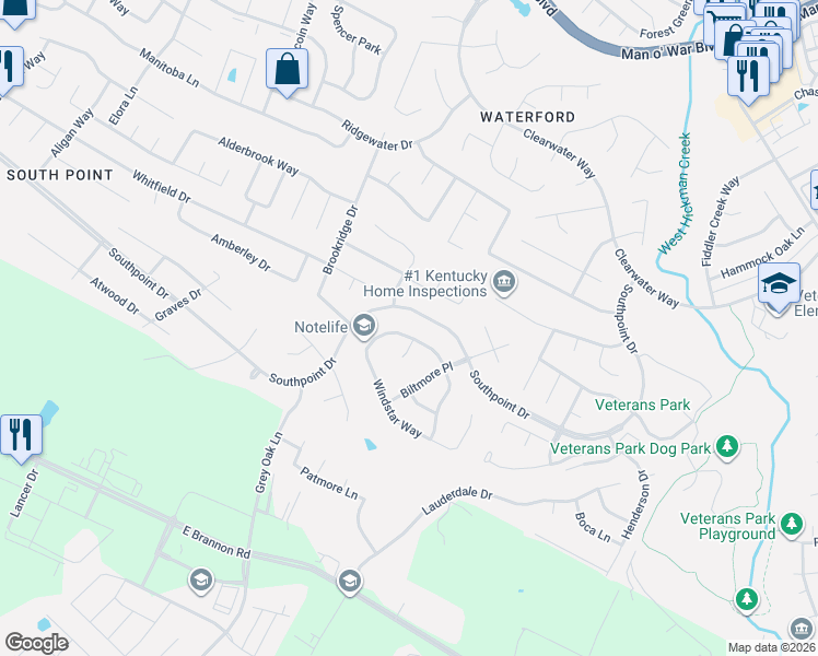 map of restaurants, bars, coffee shops, grocery stores, and more near 4708 Windstar Way in Lexington