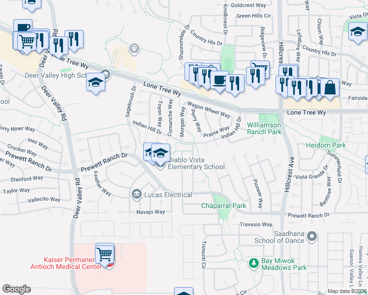 map of restaurants, bars, coffee shops, grocery stores, and more near 5112 Grass Valley Way in Antioch
