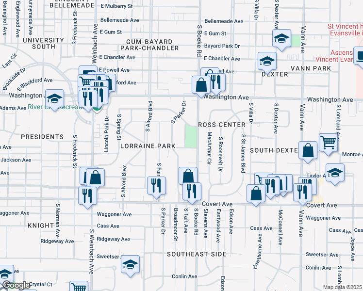 map of restaurants, bars, coffee shops, grocery stores, and more near 1221 South Taft Avenue in Evansville