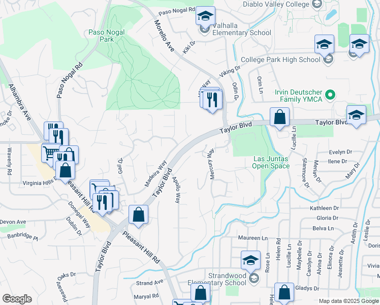 map of restaurants, bars, coffee shops, grocery stores, and more near 517 Wilbur Drive in Pleasant Hill