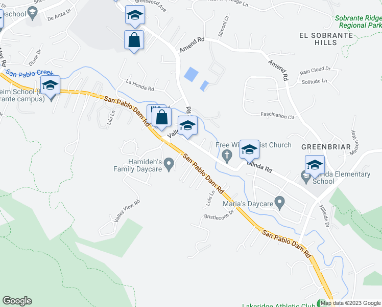 map of restaurants, bars, coffee shops, grocery stores, and more near 5453 San Pablo Dam Road in El Sobrante