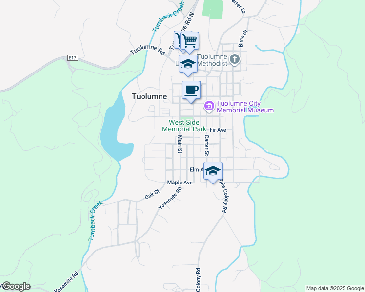 map of restaurants, bars, coffee shops, grocery stores, and more near 18521 Main Street in Tuolumne