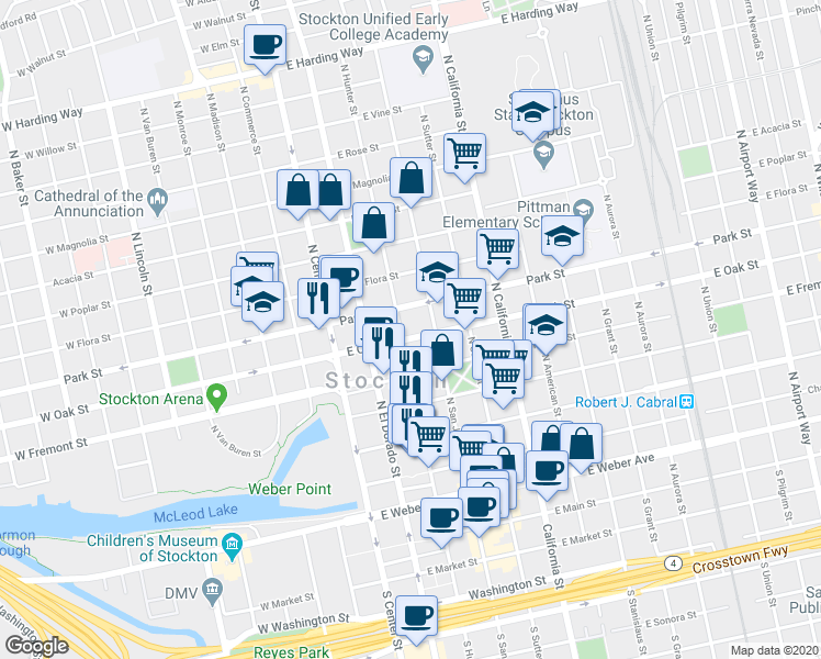 map of restaurants, bars, coffee shops, grocery stores, and more near 610 North Hunter Street in Stockton