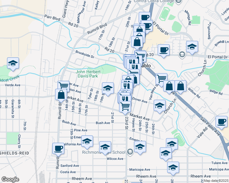 map of restaurants, bars, coffee shops, grocery stores, and more near 2023 Dover Avenue in San Pablo