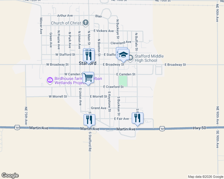 map of restaurants, bars, coffee shops, grocery stores, and more near 351 South Buckeye Street in Stafford