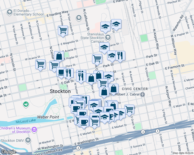 map of restaurants, bars, coffee shops, grocery stores, and more near 520 North Sutter Street in Stockton