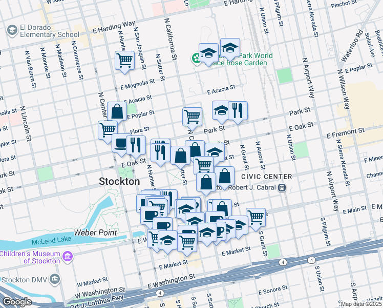 map of restaurants, bars, coffee shops, grocery stores, and more near 545 North California Street in Stockton