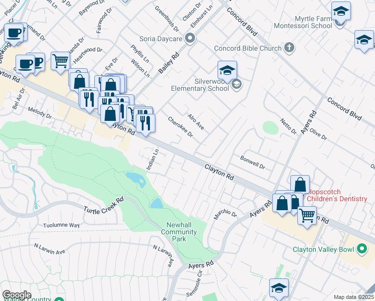 map of restaurants, bars, coffee shops, grocery stores, and more near 4949 Clayton Road in Concord