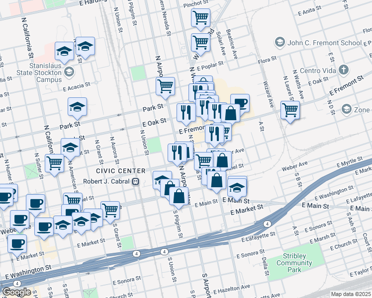map of restaurants, bars, coffee shops, grocery stores, and more near 328 North Airport Way in Stockton