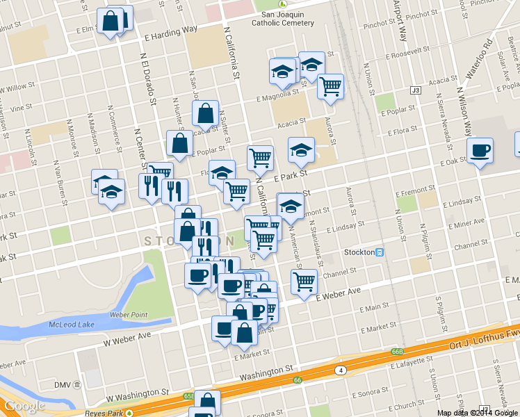 map of restaurants, bars, coffee shops, grocery stores, and more near 520 North Sutter Street in Stockton