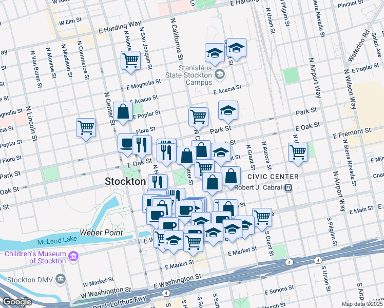 map of restaurants, bars, coffee shops, grocery stores, and more near 520 North Sutter Street in Stockton