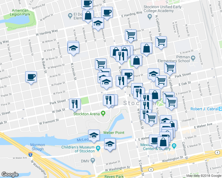 map of restaurants, bars, coffee shops, grocery stores, and more near 104 West Park Street in Stockton