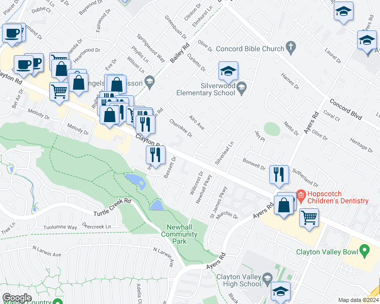 map of restaurants, bars, coffee shops, grocery stores, and more near 5002 Laverne Way in Concord