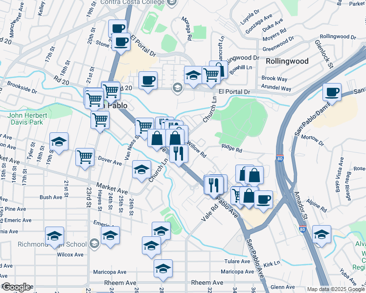 map of restaurants, bars, coffee shops, grocery stores, and more near 13700 Willow Road in San Pablo