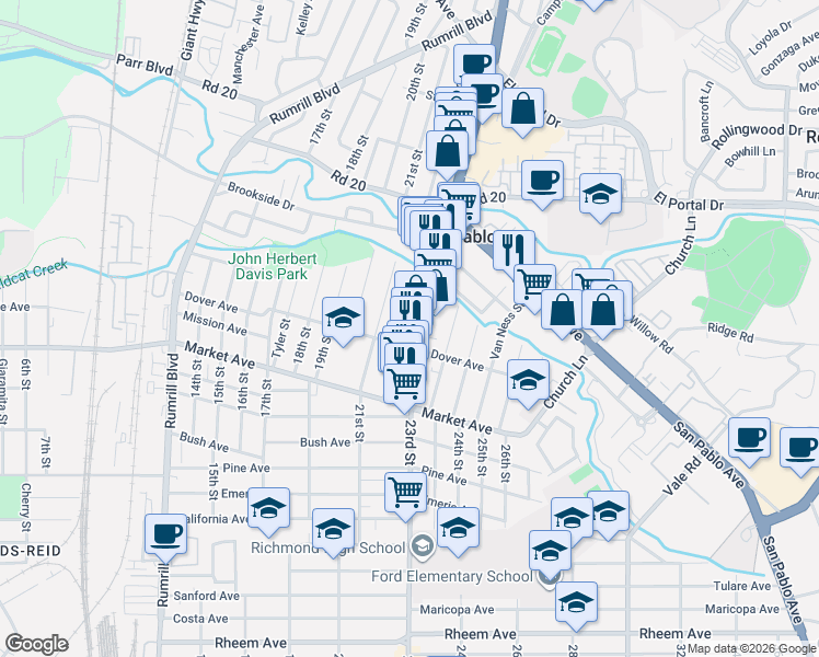 map of restaurants, bars, coffee shops, grocery stores, and more near 2211 Dover Avenue in San Pablo