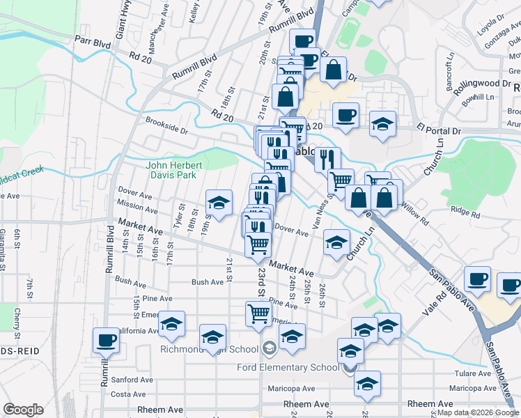 map of restaurants, bars, coffee shops, grocery stores, and more near 2211 Dover Avenue in San Pablo
