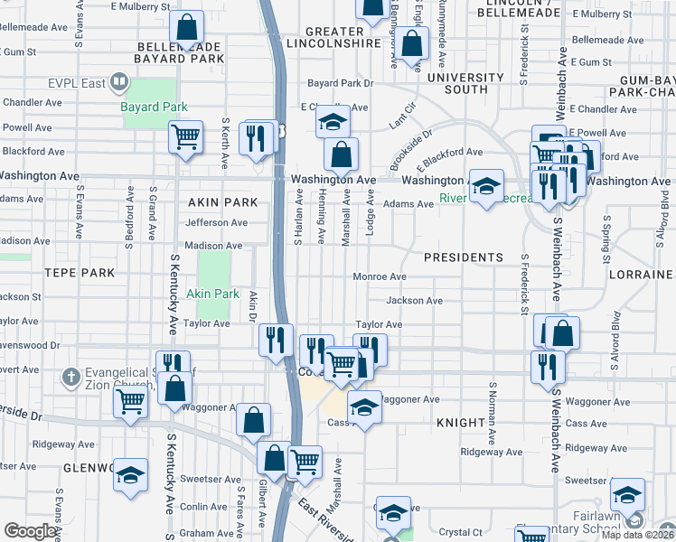 map of restaurants, bars, coffee shops, grocery stores, and more near 1219 Marshall Avenue in Evansville