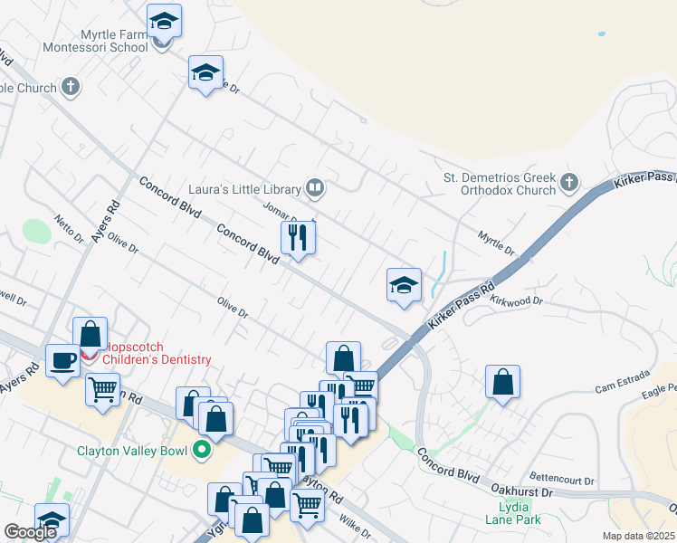 map of restaurants, bars, coffee shops, grocery stores, and more near 1821 Briscoe Lane in Concord