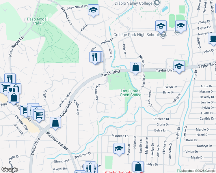 map of restaurants, bars, coffee shops, grocery stores, and more near 900 Kimberly Circle in Pleasant Hill