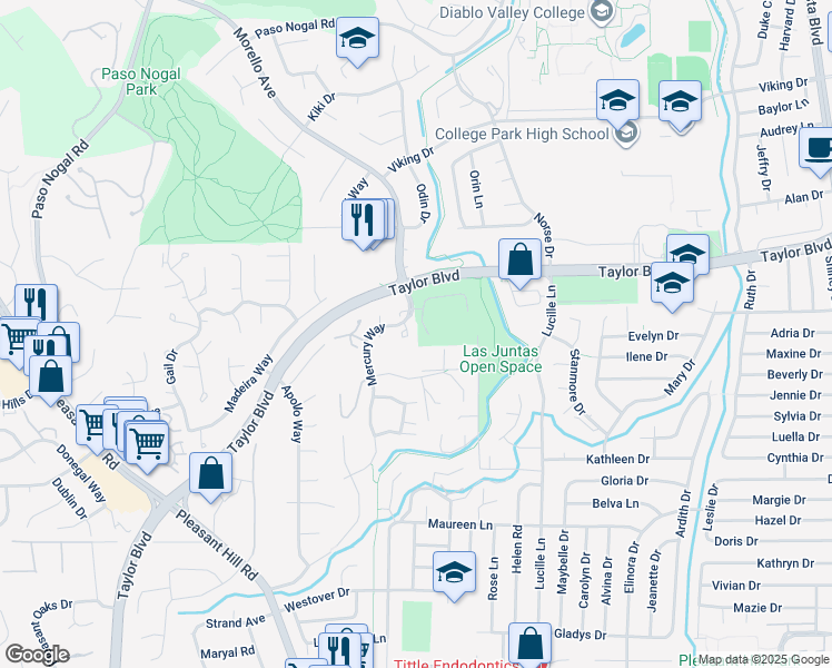 map of restaurants, bars, coffee shops, grocery stores, and more near 900 Kimberly Circle in Pleasant Hill