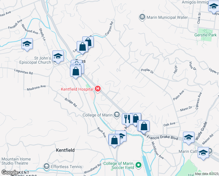 map of restaurants, bars, coffee shops, grocery stores, and more near 16 Geary Avenue in Kentfield