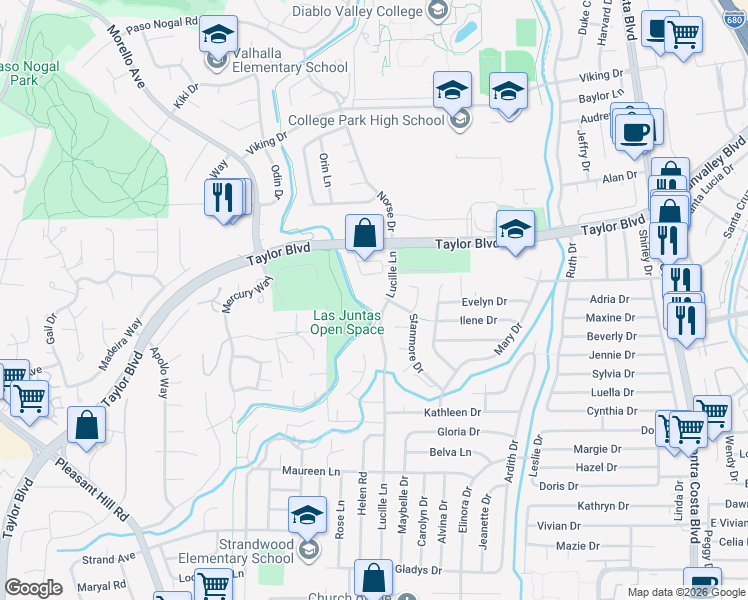 map of restaurants, bars, coffee shops, grocery stores, and more near 15 Fairfax Court in Pleasant Hill