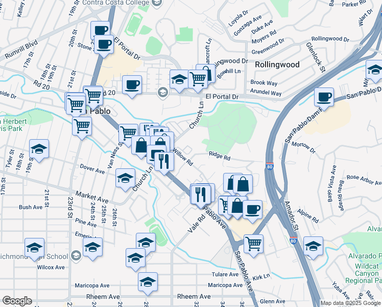 map of restaurants, bars, coffee shops, grocery stores, and more near 2885 Willow Road in San Pablo