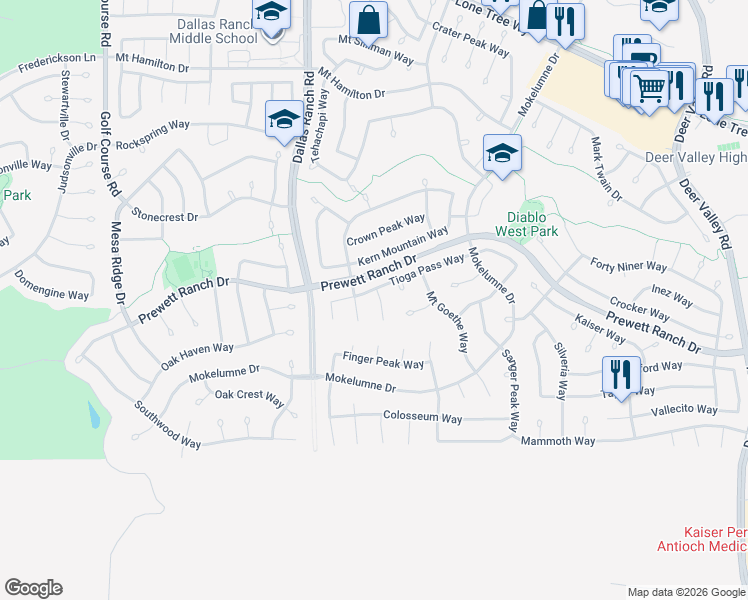 map of restaurants, bars, coffee shops, grocery stores, and more near 1834 Buck Mountain Court in Antioch
