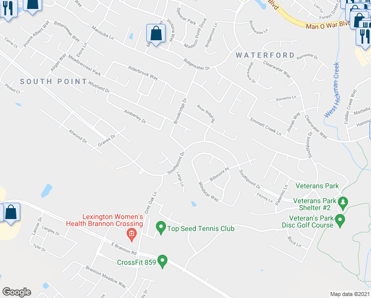 map of restaurants, bars, coffee shops, grocery stores, and more near 462 Southpoint Drive in Lexington