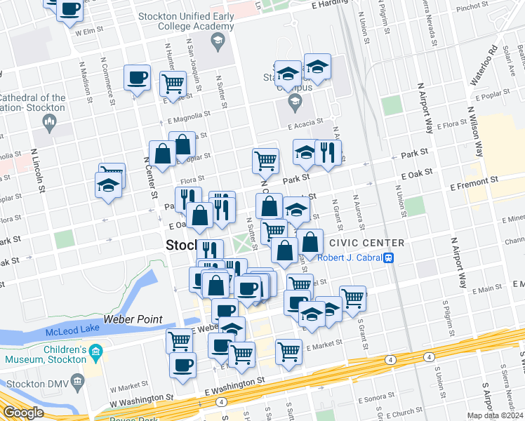 map of restaurants, bars, coffee shops, grocery stores, and more near 436 East Oak Street in Stockton
