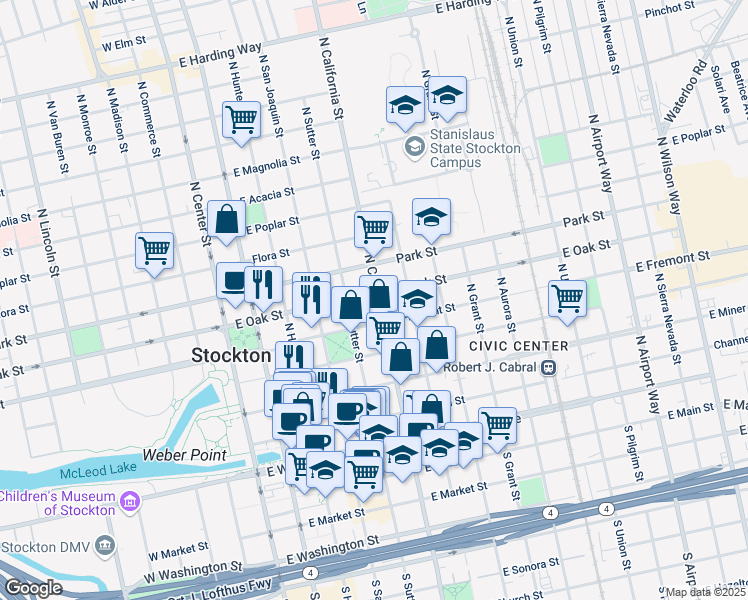 map of restaurants, bars, coffee shops, grocery stores, and more near 545 North California Street in Stockton