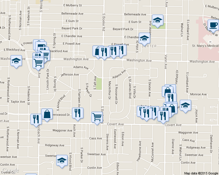 map of restaurants, bars, coffee shops, grocery stores, and more near 1229 MacArthur Drive in Evansville