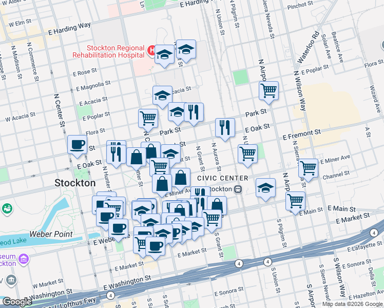 map of restaurants, bars, coffee shops, grocery stores, and more near 728 East Fremont Street in Stockton