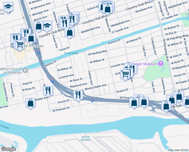 map of restaurants, bars, coffee shops, grocery stores, and more near 1150 Victoria Avenue in Stockton