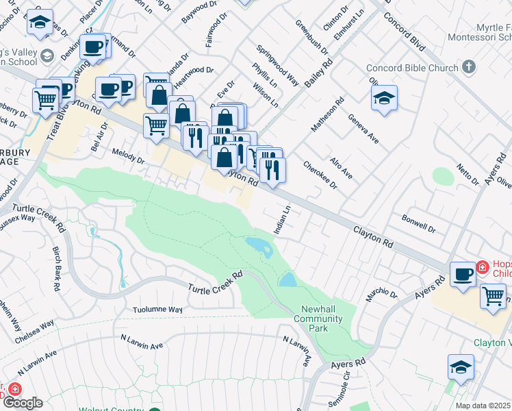 map of restaurants, bars, coffee shops, grocery stores, and more near 4756 Clayton Road in Concord