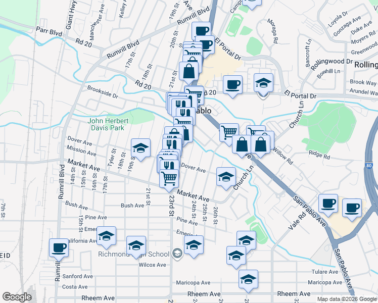 map of restaurants, bars, coffee shops, grocery stores, and more near 1943 Powell Street in San Pablo