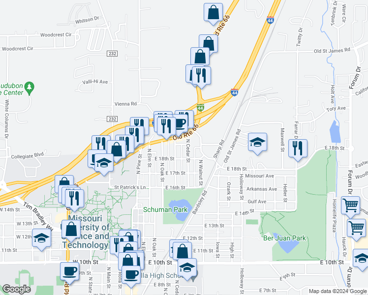 map of restaurants, bars, coffee shops, grocery stores, and more near 1805 North Cedar Street in Rolla